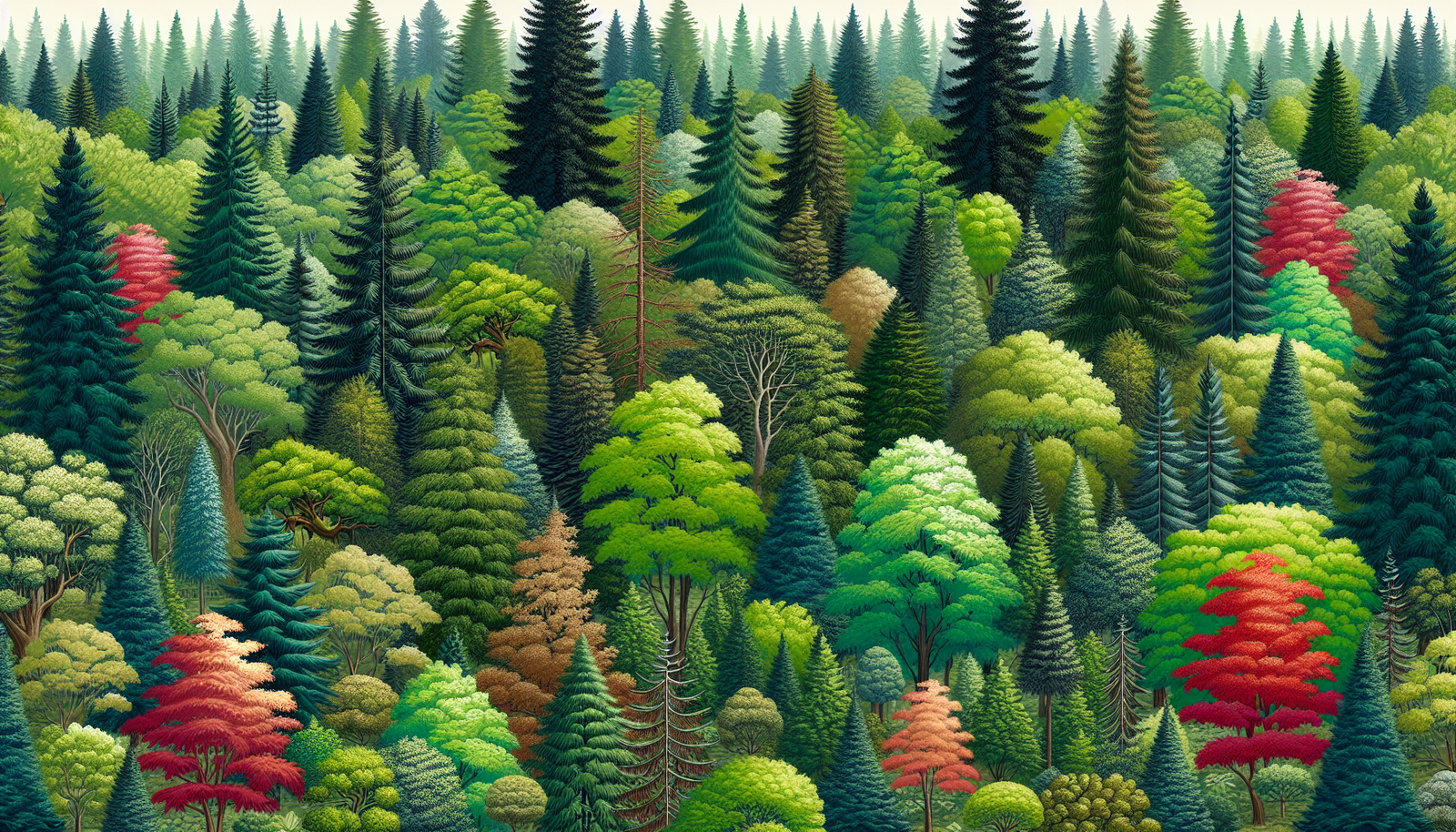 Illustration of various types of deciduous and evergreen trees